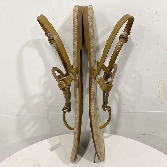 Coach‎ Jeri Logo Genuine Leather Sandals Flats Thong Strappy Tan Women 9B - Picture 7 of 9